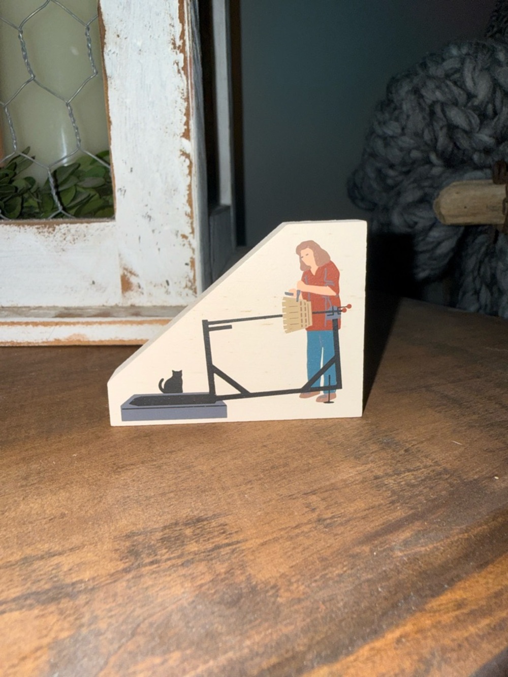 Wooden Decor with Woman and Cat Illustration - Cream & Blue